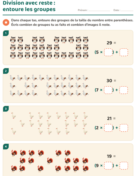 Aperçu de la fiche Division avec reste avec Oiseaux 2 pour CE2 (cours élémentaire 2)