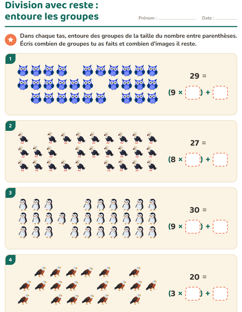 Aperçu de la fiche Division avec reste avec Oiseaux pour CE2 (cours élémentaire 2)