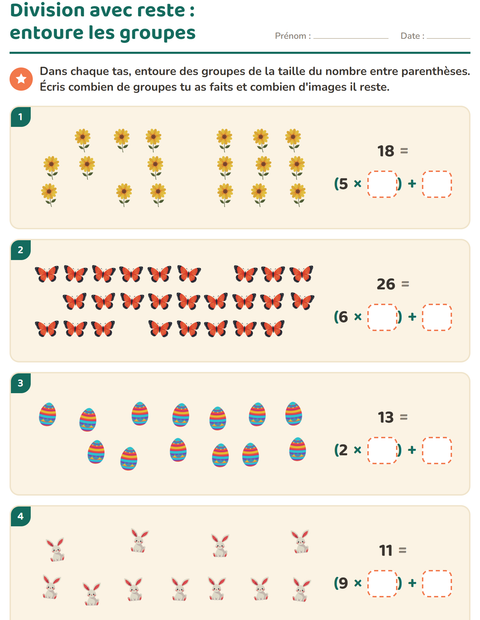 Aperçu de la fiche Division avec reste avec Pâques pour CE2 (cours élémentaire 2)