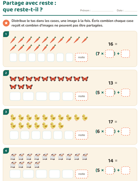 Aperçu de la fiche Division avec reste avec Pâques pour CE2 (cours élémentaire 2)