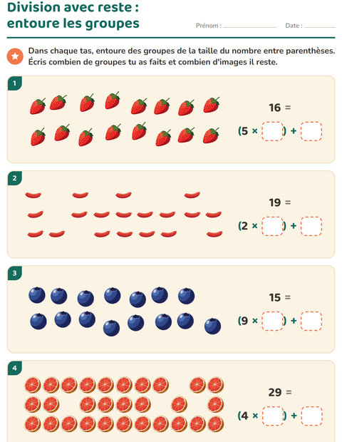 Aperçu de la fiche Division avec reste avec Petit-déjeuner pour CE2 (cours élémentaire 2)