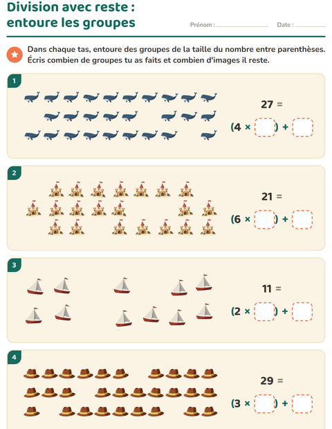 Aperçu de la fiche Division avec reste avec Plage pour CE2 (cours élémentaire 2)