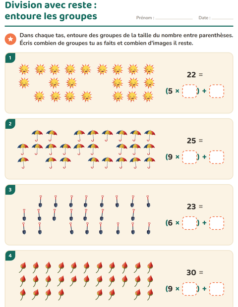Aperçu de la fiche Division avec reste avec Printemps pour CE2 (cours élémentaire 2)