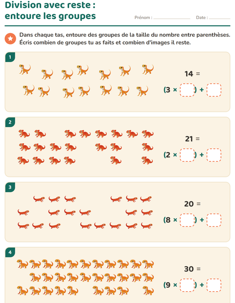 Aperçu de la fiche Division avec reste avec Reptiles et amphibiens pour CE2 (cours élémentaire 2)