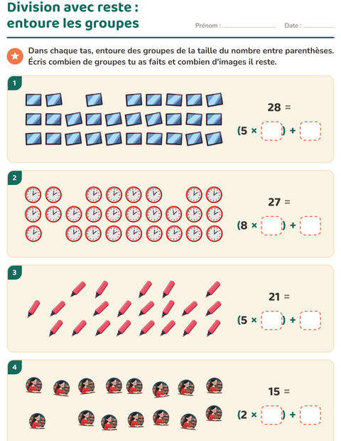 Aperçu de la fiche Division avec reste avec Salle de classe pour CE2 (cours élémentaire 2)