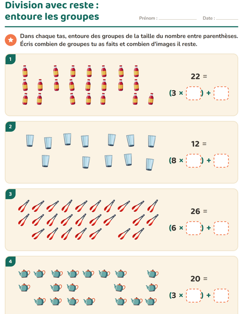 Aperçu de la fiche Division avec reste avec Ustensiles de cuisine pour CE2 (cours élémentaire 2)