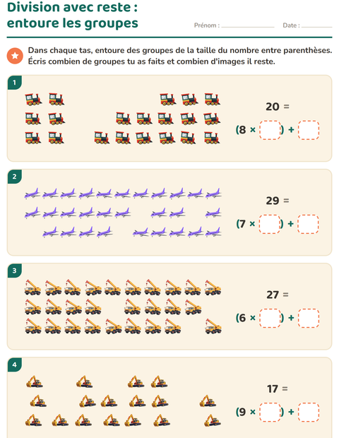 Aperçu de la fiche Division avec reste avec Véhicules pour CE2 (cours élémentaire 2)