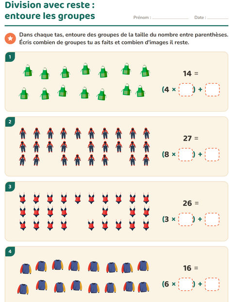 Aperçu de la fiche Division avec reste avec Vêtements pour CE2 (cours élémentaire 2)