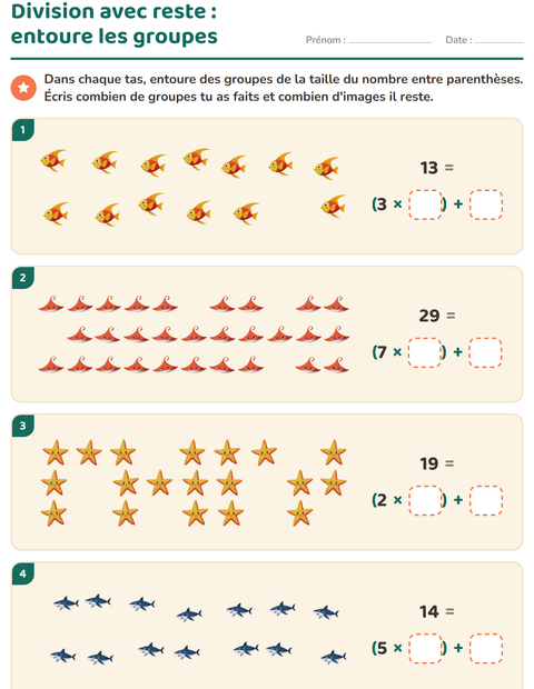 Aperçu de la fiche Division avec reste avec Vie océanique pour CE2 (cours élémentaire 2)