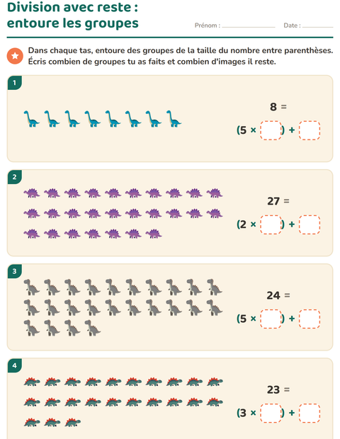 Aperçu de la fiche Division avec reste avec Dinosaures pour CE2 (cours élémentaire 2)