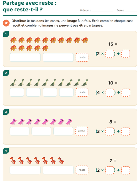 Aperçu de la fiche Division avec reste avec Dinosaures pour CE2 (cours élémentaire 2)