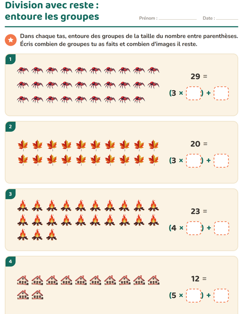 Aperçu de la fiche Division avec reste avec Divers pour CE2 (cours élémentaire 2)