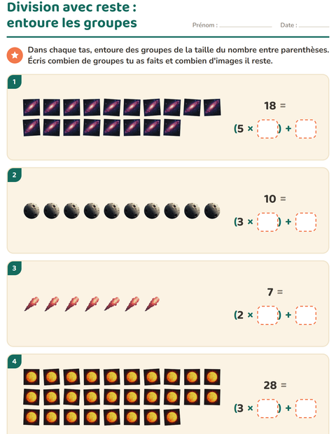 Aperçu de la fiche Division avec reste avec Espace pour CE2 (cours élémentaire 2)