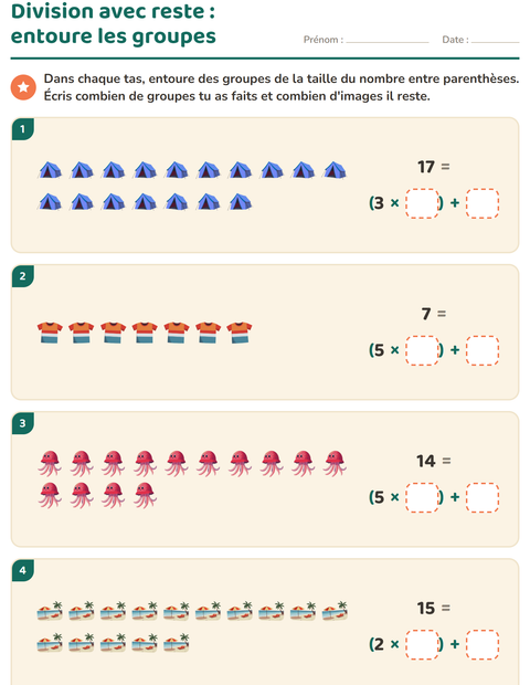 Aperçu de la fiche Division avec reste avec Été pour CE2 (cours élémentaire 2)