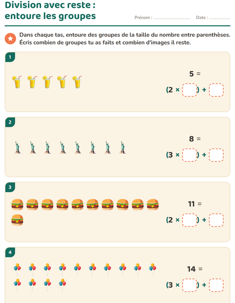 Aperçu de la fiche Division avec reste avec 4 juillet pour CE2 (cours élémentaire 2)