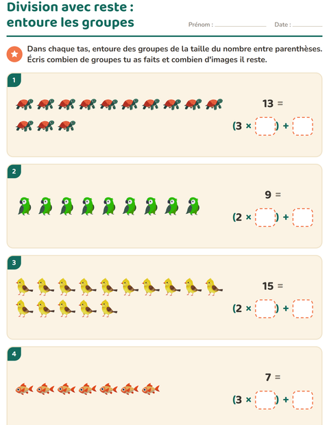 Aperçu de la fiche Division avec reste avec Animaux de compagnie pour CE2 (cours élémentaire 2)