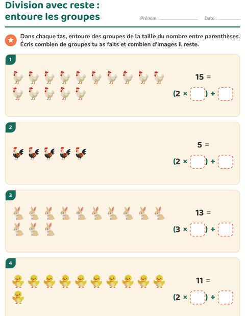 Aperçu de la fiche Division avec reste avec Animaux de la ferme pour CE2 (cours élémentaire 2)