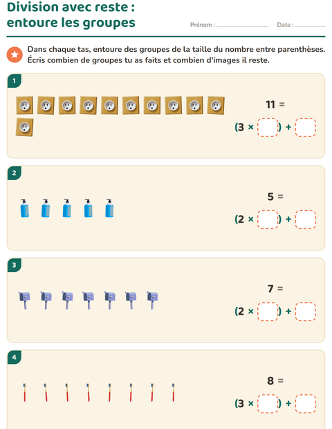 Aperçu de la fiche Division avec reste avec Autour de la maison pour CE2 (cours élémentaire 2)