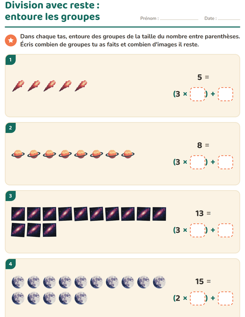 Aperçu de la fiche Division avec reste avec Espace pour CE2 (cours élémentaire 2)