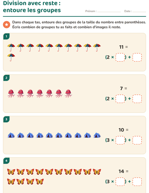 Aperçu de la fiche Division avec reste avec Été pour CE2 (cours élémentaire 2)