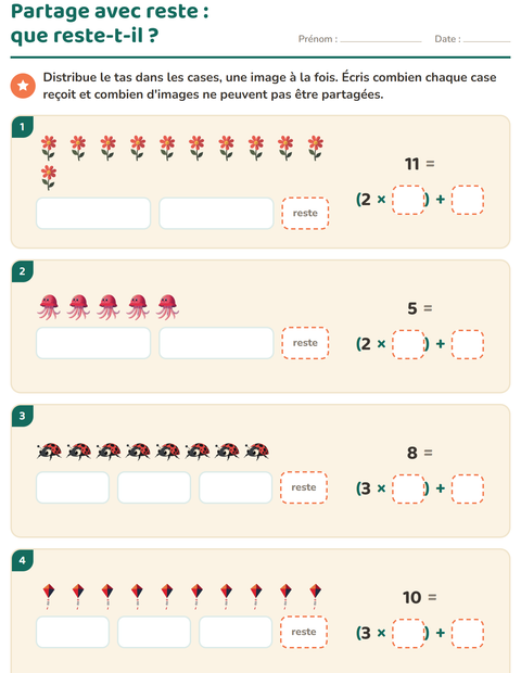 Aperçu de la fiche Division avec reste avec Été pour CE2 (cours élémentaire 2)