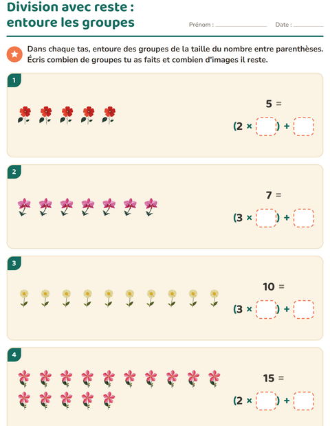 Aperçu de la fiche Division avec reste avec Fleurs pour CE2 (cours élémentaire 2)