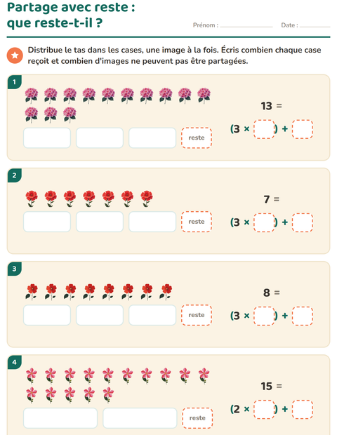 Aperçu de la fiche Division avec reste avec Fleurs pour CE2 (cours élémentaire 2)