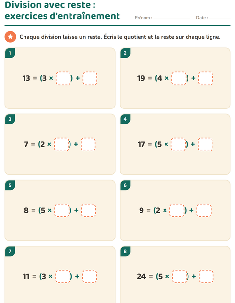 Aperçu de la fiche Division avec reste pour CE2 (cours élémentaire 2)
