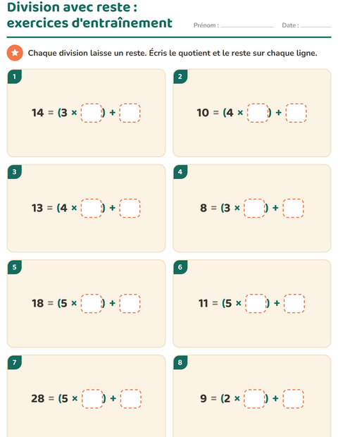 Aperçu de la fiche Division avec reste pour CE2 (cours élémentaire 2)