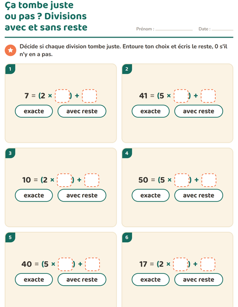 Aperçu de la fiche Division avec reste pour CE2 (cours élémentaire 2)