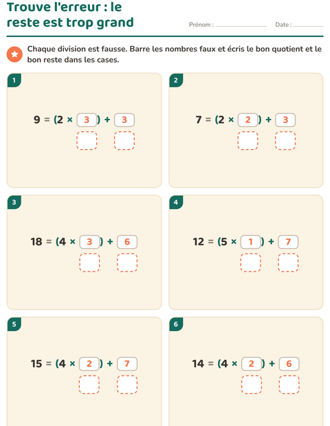 Aperçu de la fiche Division avec reste pour CE2 (cours élémentaire 2)