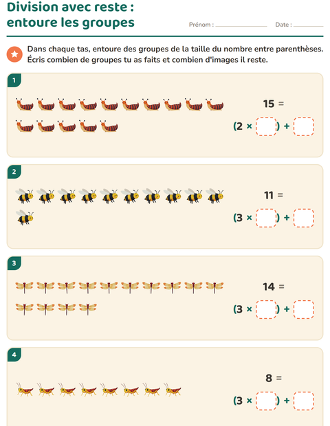 Aperçu de la fiche Division avec reste avec Insectes et bestioles pour CE2 (cours élémentaire 2)