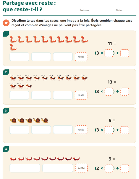 Aperçu de la fiche Division avec reste avec Insectes et bestioles pour CE2 (cours élémentaire 2)