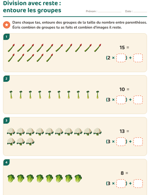 Aperçu de la fiche Division avec reste avec Légumes pour CE2 (cours élémentaire 2)