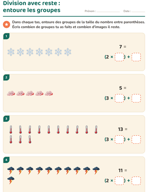 Aperçu de la fiche Division avec reste avec Météo pour CE2 (cours élémentaire 2)