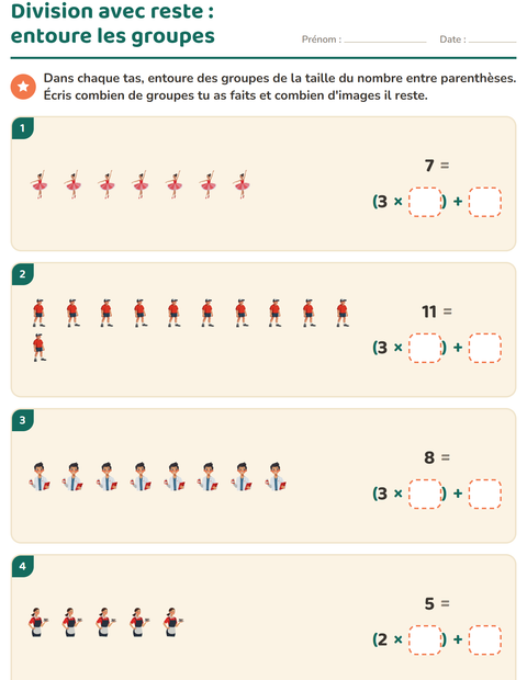 Aperçu de la fiche Division avec reste avec Métiers pour CE2 (cours élémentaire 2)