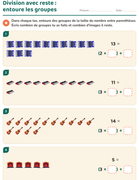 Aperçu de la fiche Division avec reste avec Musique pour CE2 (cours élémentaire 2)