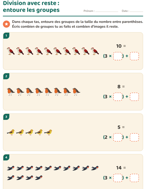 Aperçu de la fiche Division avec reste avec Oiseaux 2 pour CE2 (cours élémentaire 2)