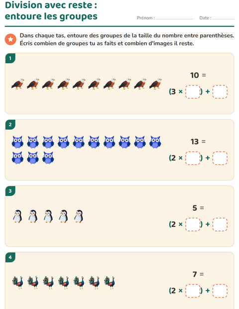 Aperçu de la fiche Division avec reste avec Oiseaux pour CE2 (cours élémentaire 2)