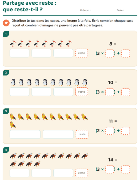 Aperçu de la fiche Division avec reste avec Oiseaux pour CE2 (cours élémentaire 2)