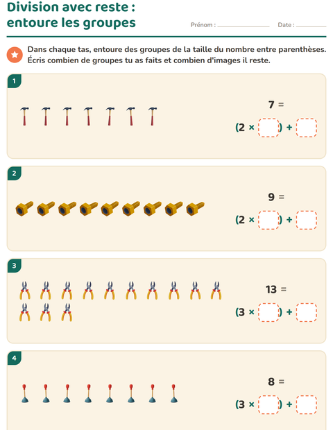 Aperçu de la fiche Division avec reste avec Outils pour CE2 (cours élémentaire 2)