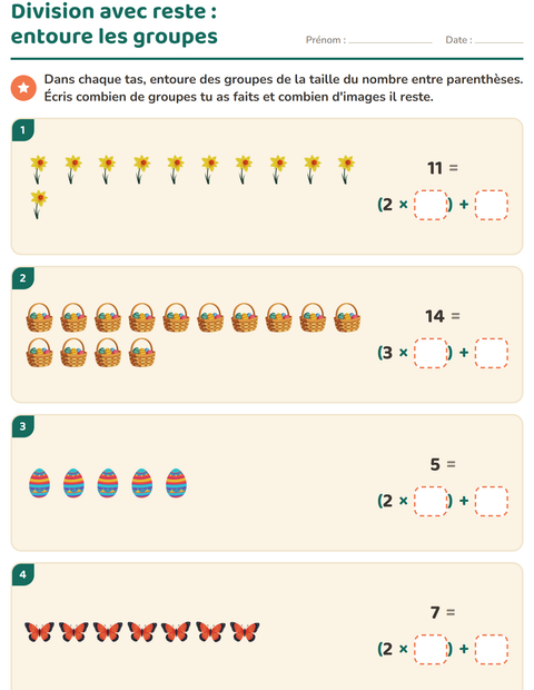 Aperçu de la fiche Division avec reste avec Pâques pour CE2 (cours élémentaire 2)