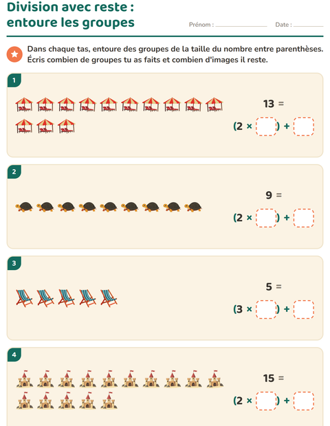 Aperçu de la fiche Division avec reste avec Plage pour CE2 (cours élémentaire 2)