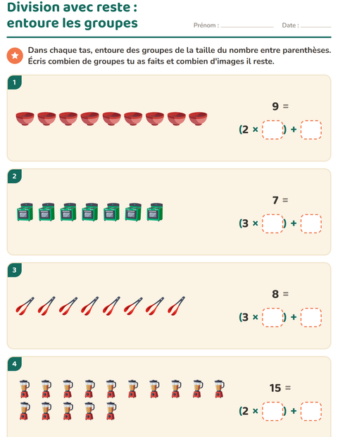 Aperçu de la fiche Division avec reste avec Ustensiles de cuisine pour CE2 (cours élémentaire 2)