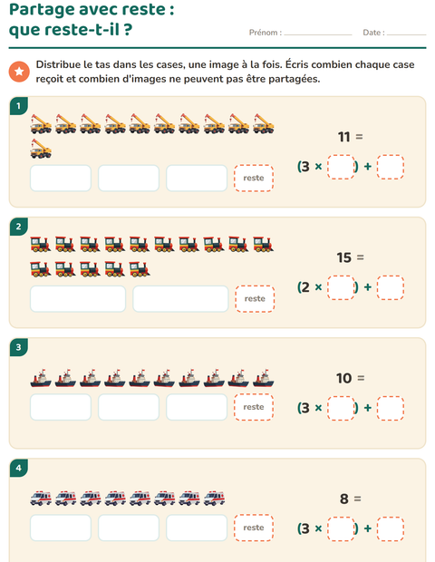 Aperçu de la fiche Division avec reste avec Véhicules pour CE2 (cours élémentaire 2)