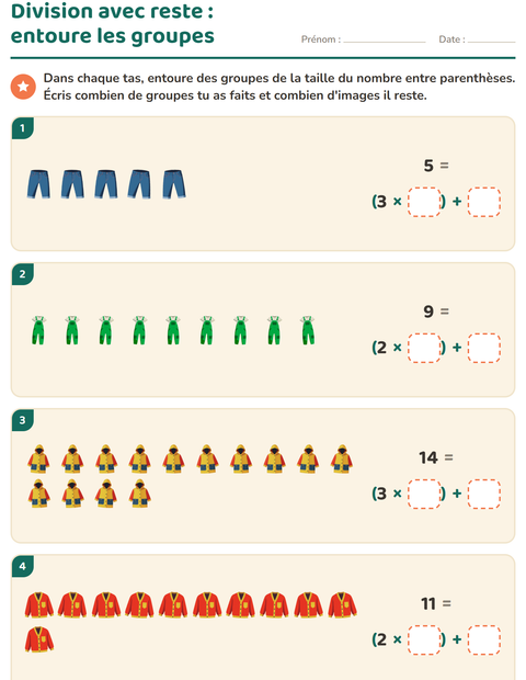 Aperçu de la fiche Division avec reste avec Vêtements pour CE2 (cours élémentaire 2)