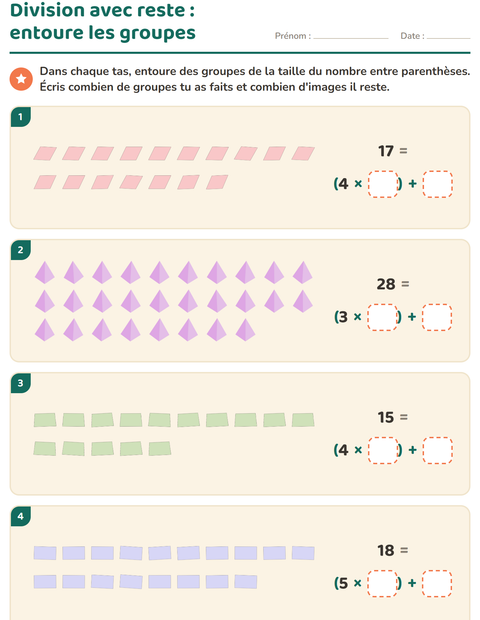 Aperçu de la fiche Division avec reste avec Formes pour CE2 (cours élémentaire 2)