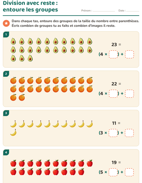 Aperçu de la fiche Division avec reste avec Fruits pour CE2 (cours élémentaire 2)