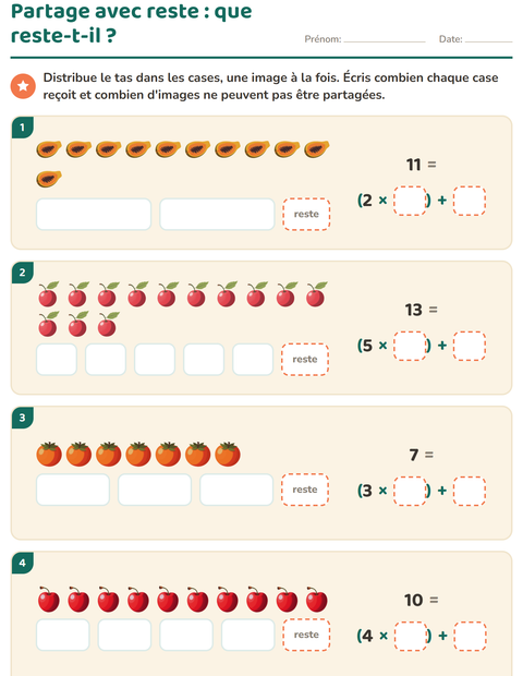 Aperçu de la fiche Division avec reste avec Fruits pour CE2 (cours élémentaire 2)