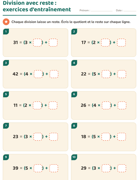 Aperçu de la fiche Division avec reste pour CE2 (cours élémentaire 2)